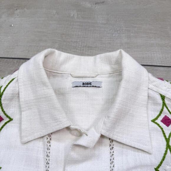 BODE Mens White Embroidered Nouveau Fleur Shirt Size L/XL plain-woven linen Boho - Picture 5 of 15